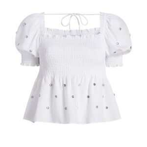 Tuckernuck Hill House Jewel Jammie Top Smocked Puff Sleeve Sz S White